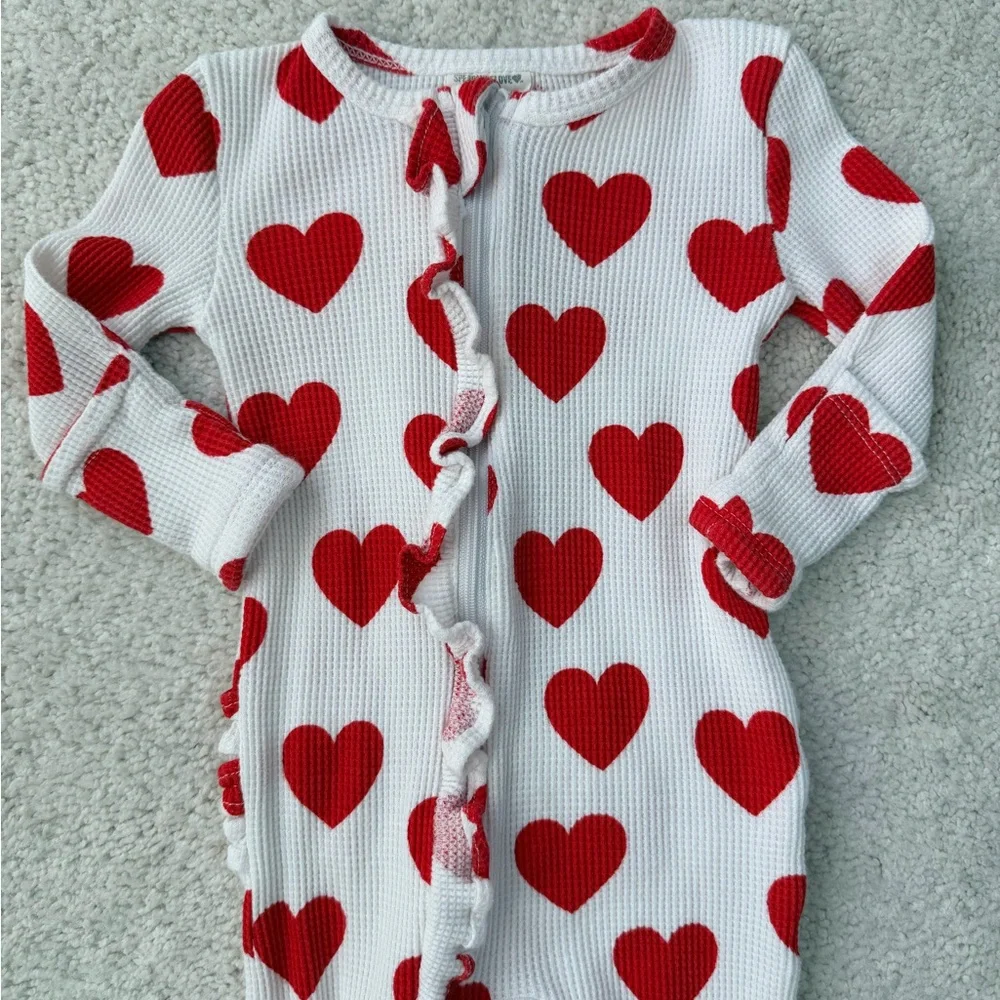 Spearmint Love Red Heart Waffle Knit Ruffled Footed One Piece - Picture 3 of 11